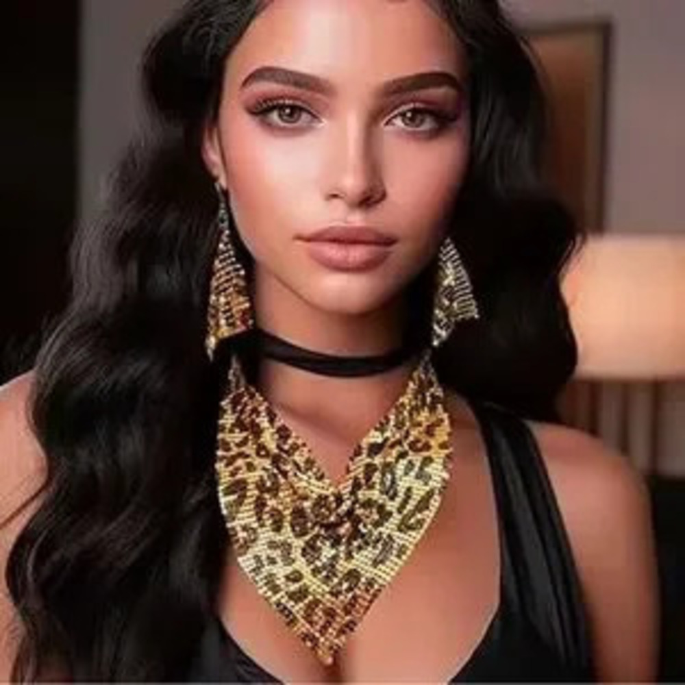 New Leopard Print Gold Sequin Necklace and Earrings Set Adjustable
